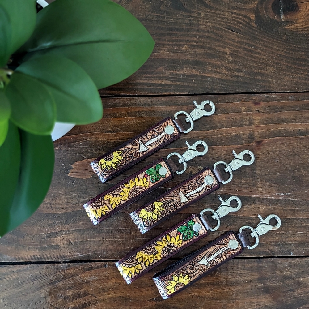 Genuine Tooled and Painted Leather Sunflower and Arrow Keychain